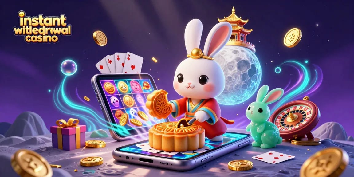 Instant withdrawal casino showcasing a moon rabbit celebrating wins with poker chips and vibrant slot elements.