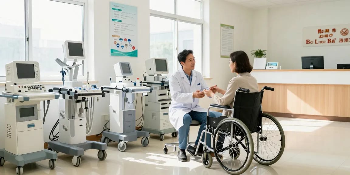 Vente de materiel medical in a clean clinic environment with doctors assisting patients