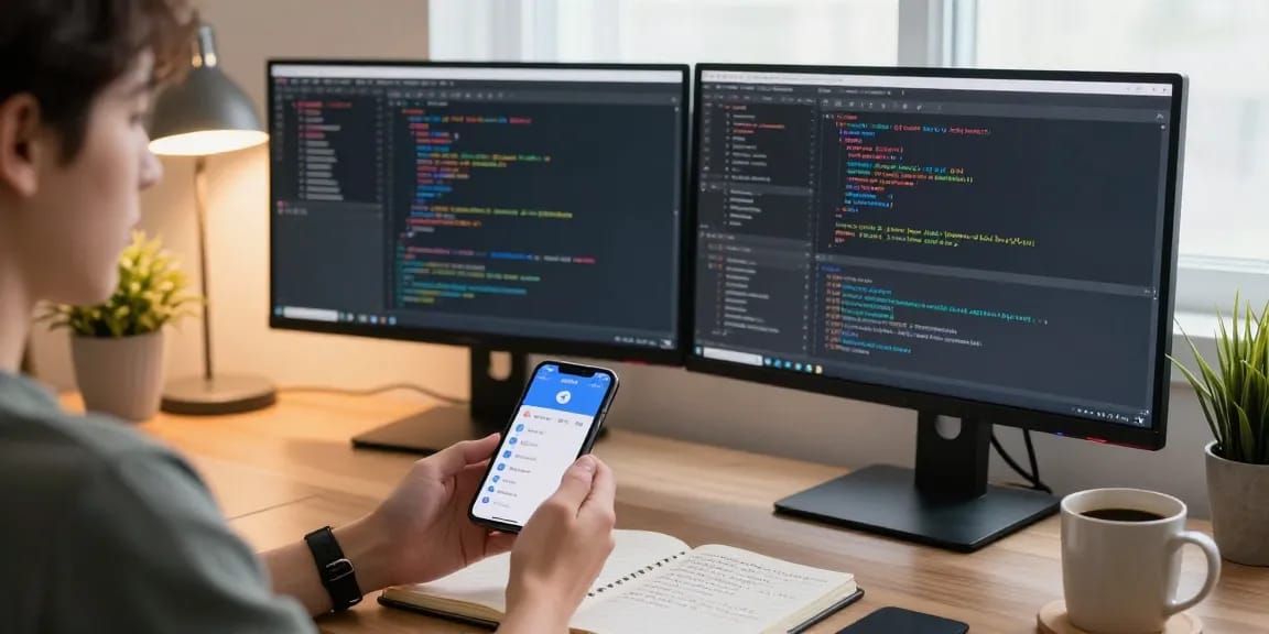 Setting up Telegram in Chinese interface on a smartphone among tech workspace elements.