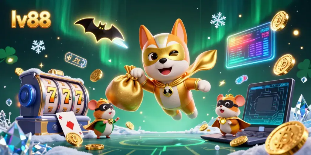 Fly with the lv88 superhero dog and hamster in an exciting online casino scene, featuring vibrant game elements.
