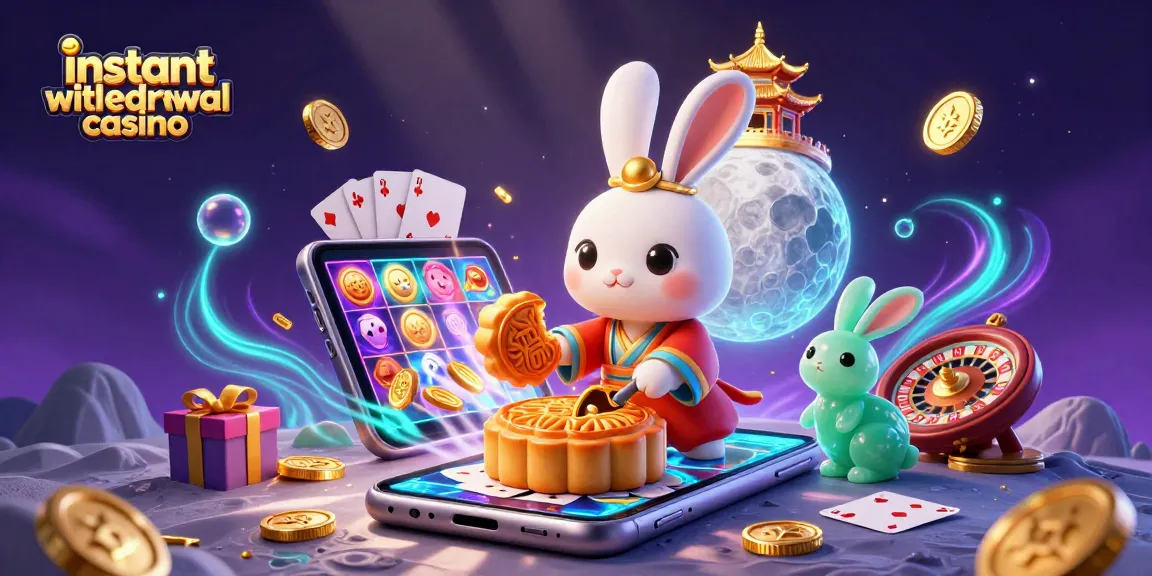 Instant withdrawal casino showcasing a moon rabbit celebrating wins with poker chips and vibrant slot elements.