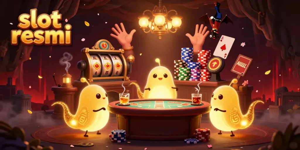 Experience the vibrant energy of slot resmi in this animated 3D casino scene filled with glowworms, poker chips, and slot elements.
