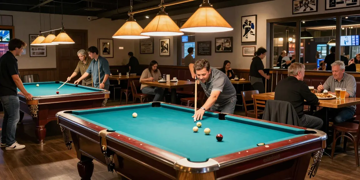 Engaged players enjoying pool tables Mississauga in a lively pub atmosphere.