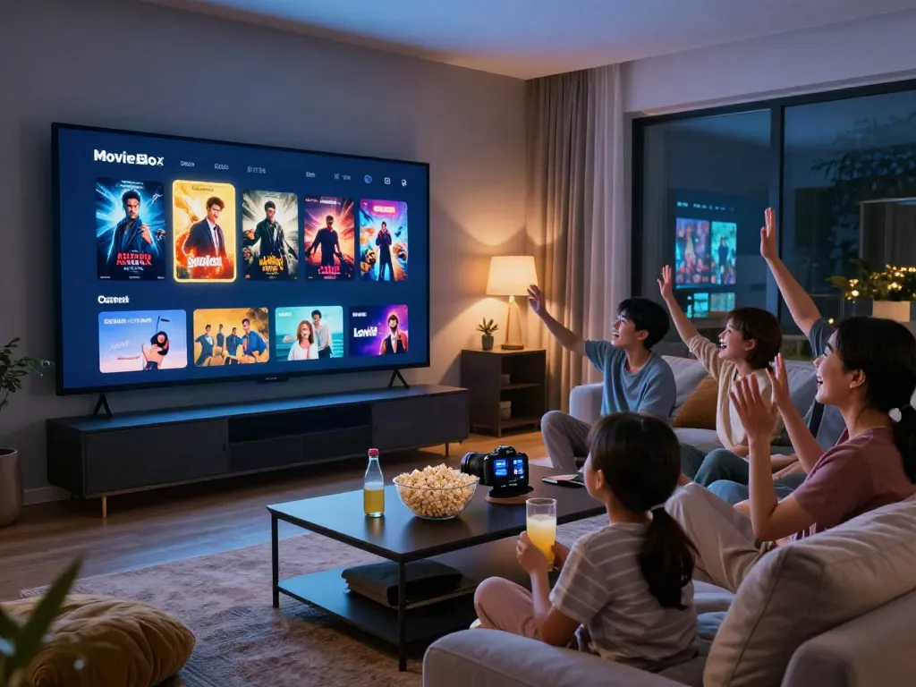 Family enjoying movie night with MovieBox app on a large screen.