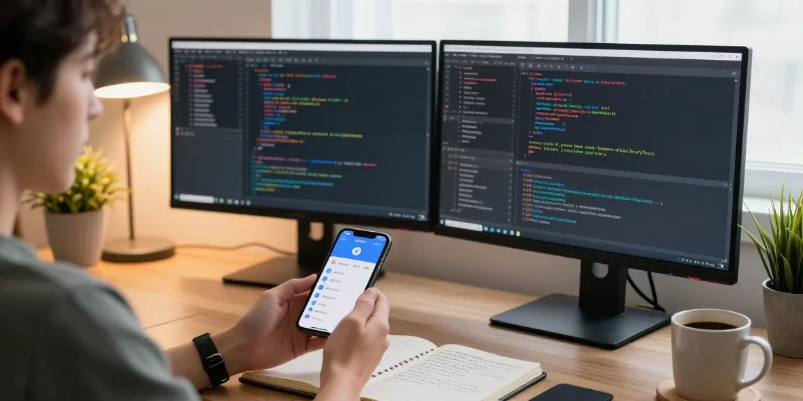 Setting up Telegram in Chinese interface on a smartphone among tech workspace elements.